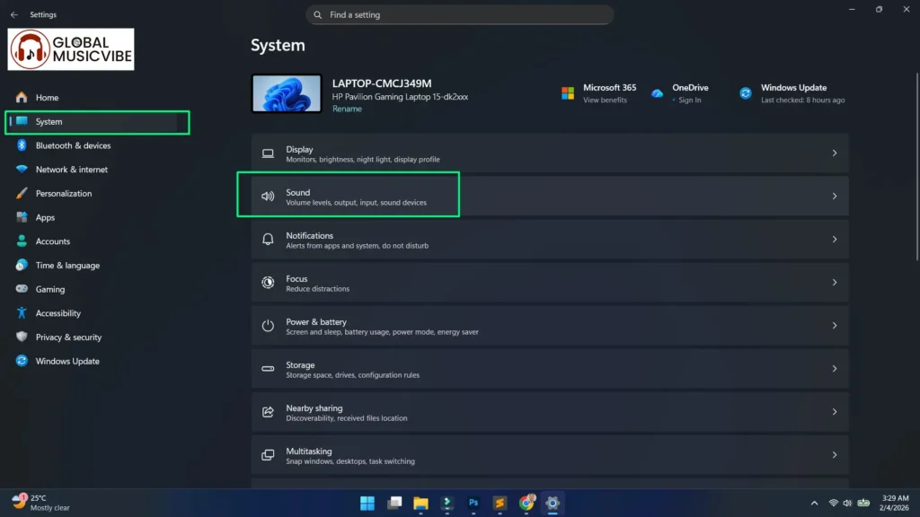 Click on System then Select Sound in Windows Setting
