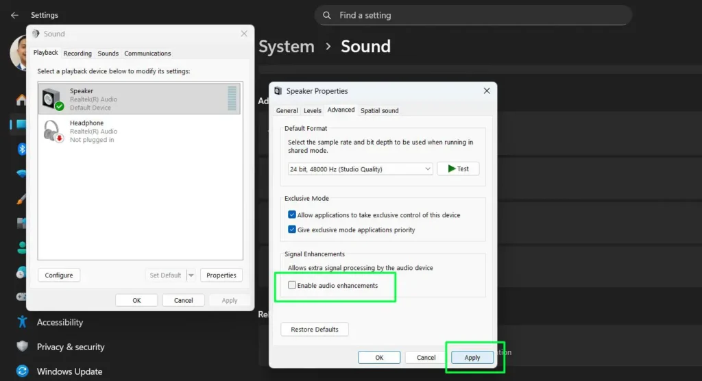 Click on the Advanced tab and Uncheck the box that says 'Enable audio enhancements'