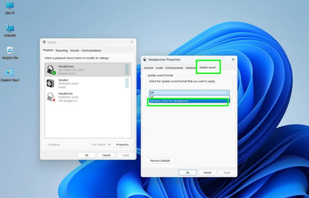 Click on the ‘Spatial sound’ tab and choose the preferred spatial sound format