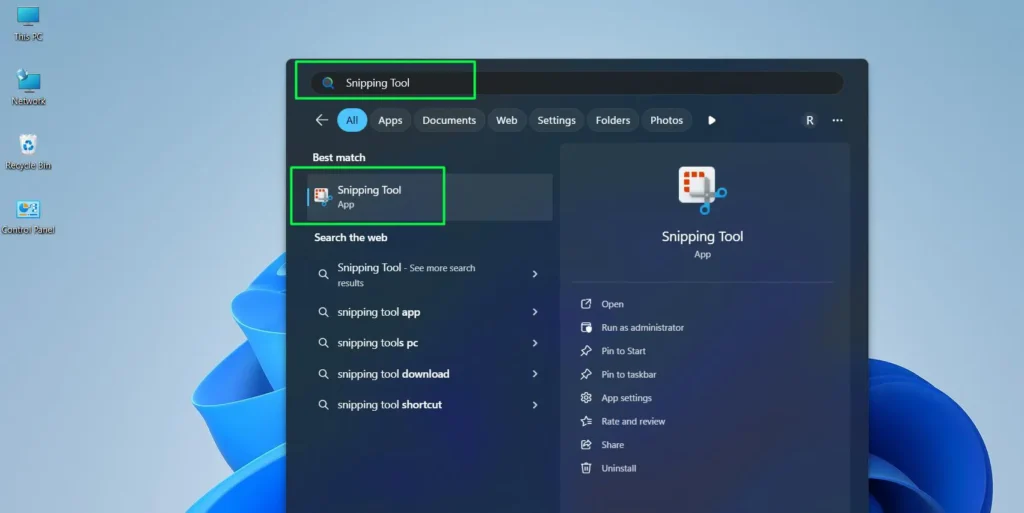 Click the Start Menu, type ‘Snipping Tool’ in the search bar, then press Enter to open it.