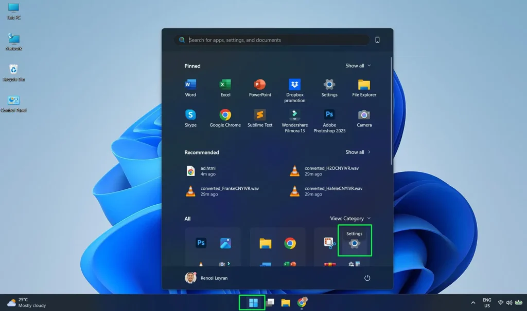 Click the Start then Click the Settings icon
