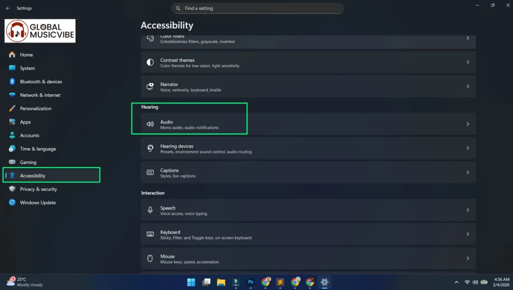 Click the Windows Start button and select 'Settings' then Click on 'Accessibility' and select 'Audio'