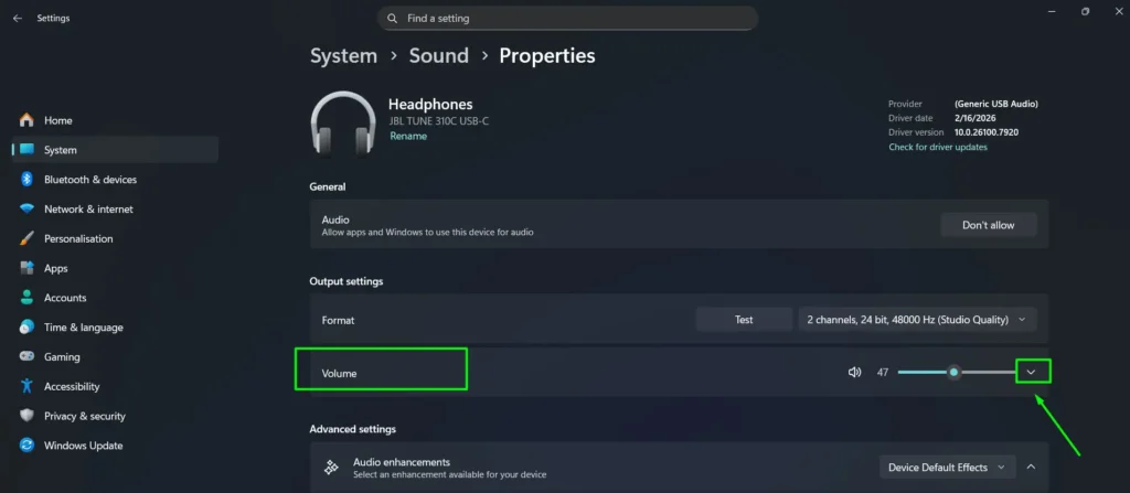 Click the arrow on the Volume row to expand it