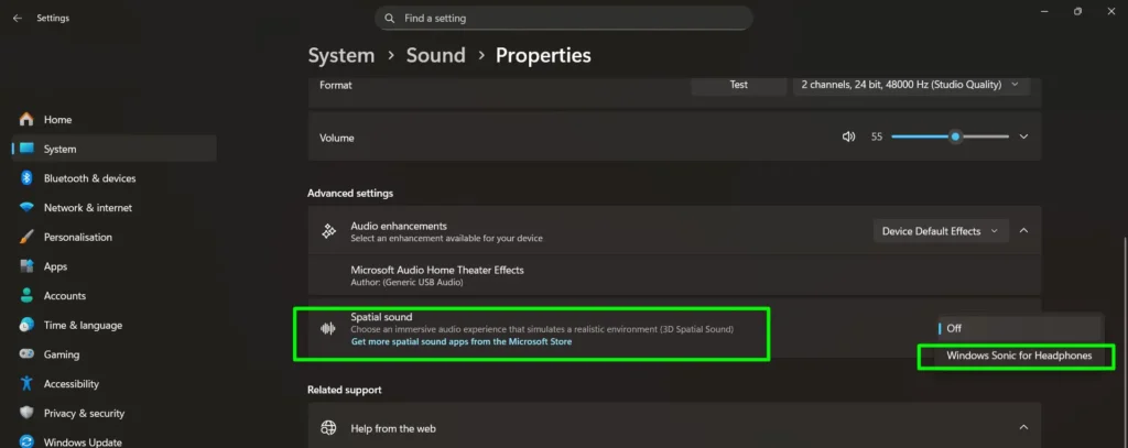 Click the dropdown menu next to ‘Spatial sound type’ and choose ‘Windows Sonic for Headphones’