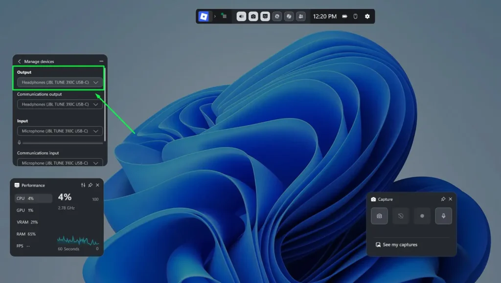 Click the dropdown under Output and select your preferred audio output device from the list