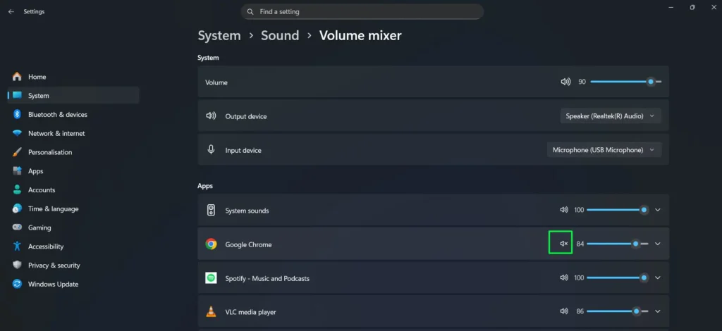 Click the small speaker icon directly beside the app's slider, after clicking it, The icon will show a muted symbol