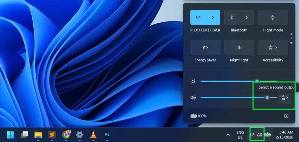 Click the speaker icon in the taskbar then click the volume mixer icon on the volume slider row