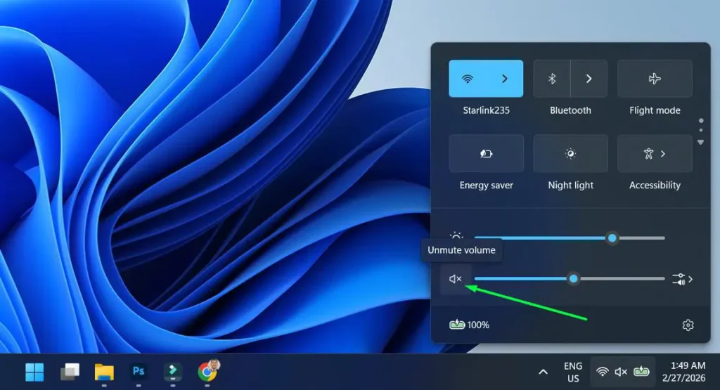 Click the speaker icon next to the slider to toggle mute on or off