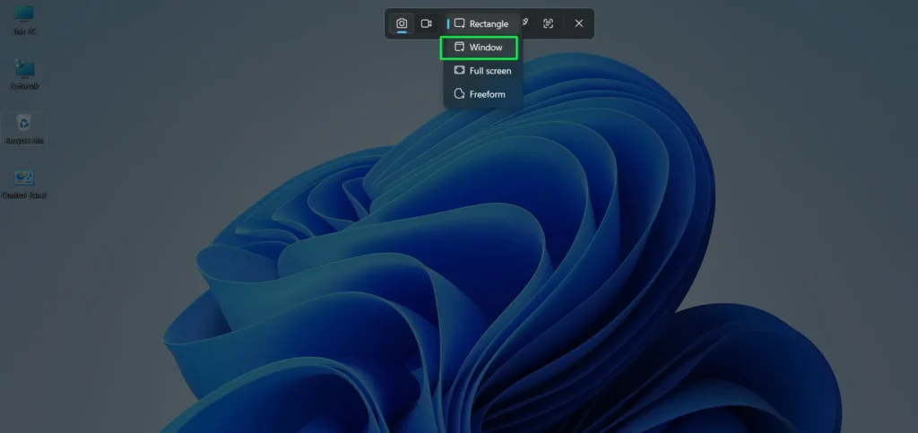 Click the third icon ‘Snipping Area’ and select ‘Window’.