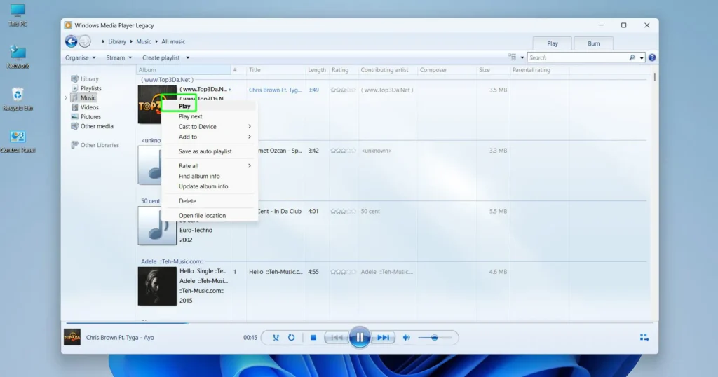 Double-click any song or right click to start playing