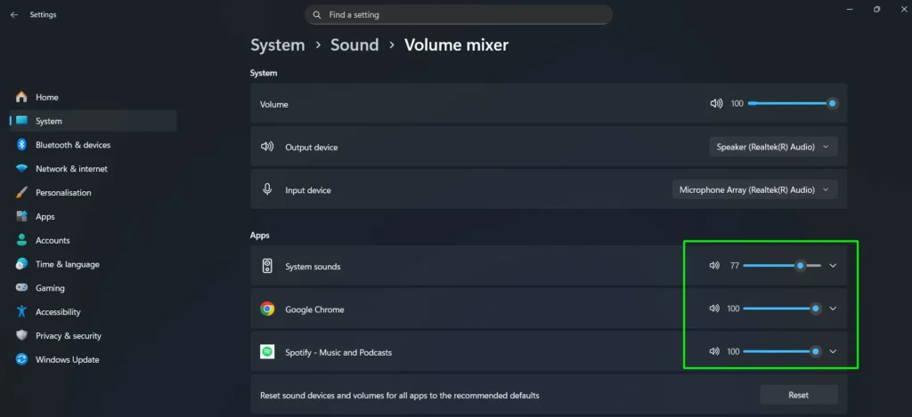 Drag any slider to adjust that app’s volume independently