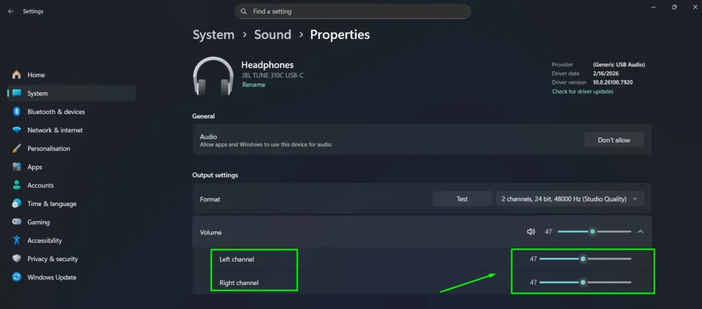 Drag the Left channel or Right channel slider to adjust the balance