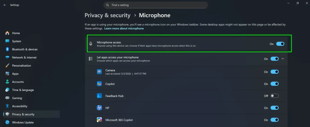 Ensure Microphone access is toggled to On