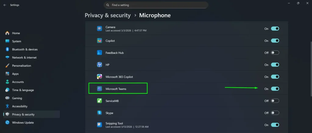 Ensure microphone access is turned on in Microsoft Teams