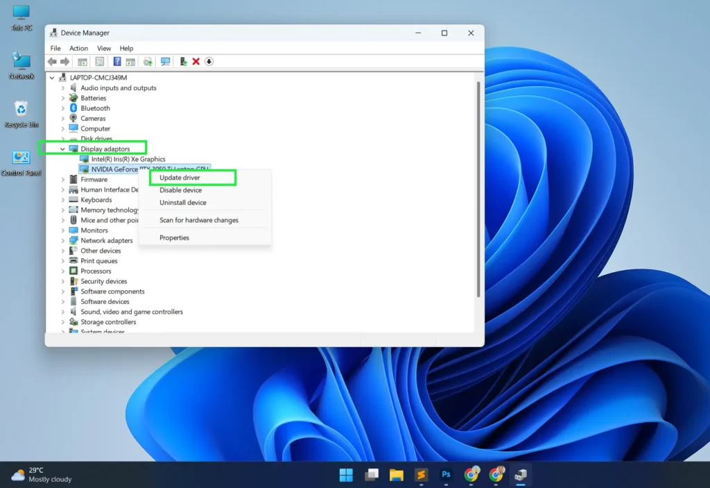 Expand 'Display adapters' and right-click the GPU and Select 'Update driver'
