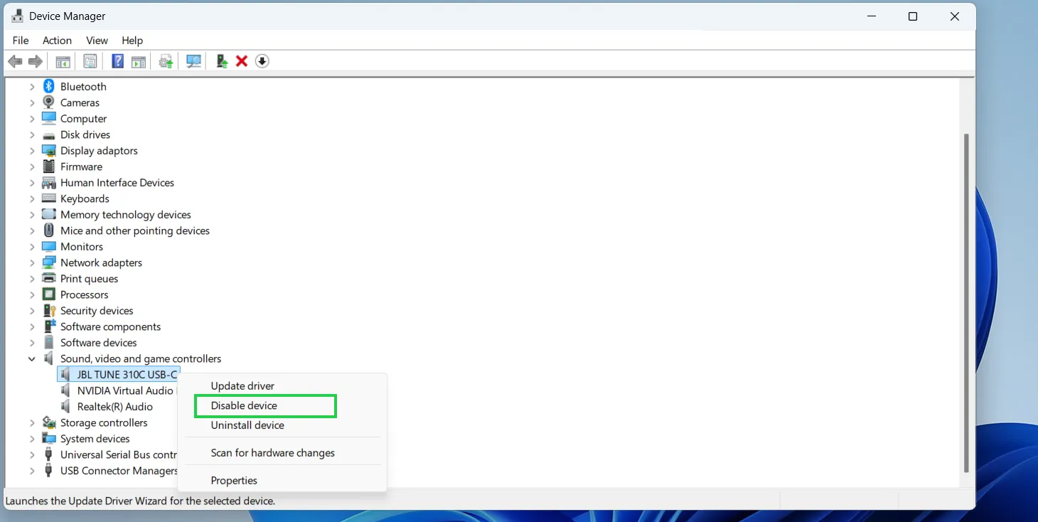 Expand Sound, video and game controllers, then right-click your audio device and select Disable device