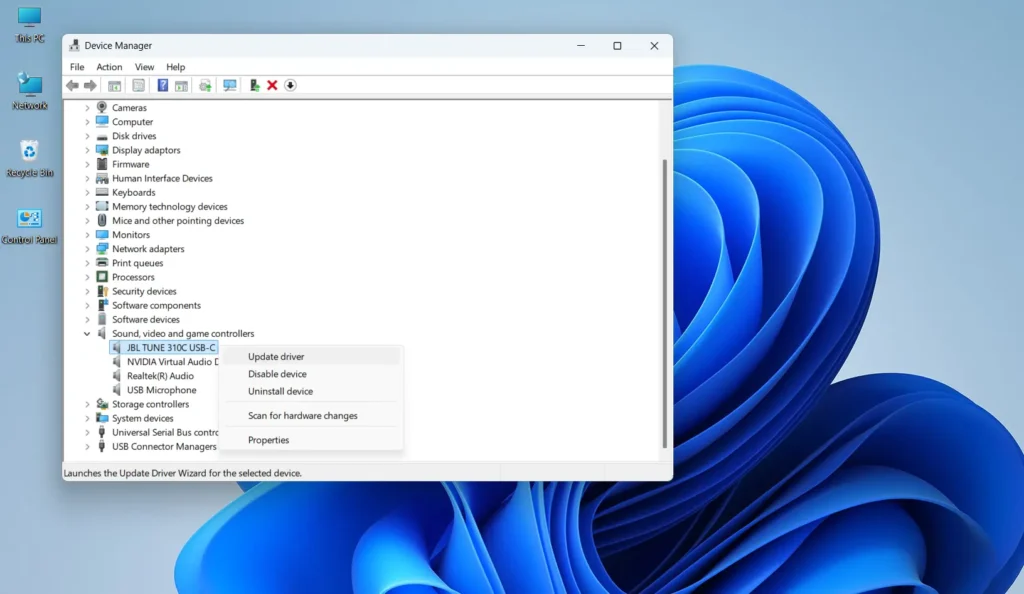 Expand the ‘Sound, video and game controllers’ section then Right-click the active audio device and select ‘Update driver’