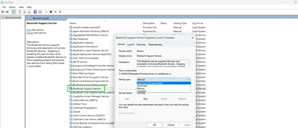 Find Bluetooth Support Service, Double-click it and change the Startup type to Automatic