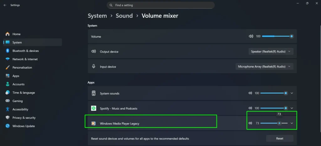 Find Windows Media Player in the mixer and make sure its volume is turned up