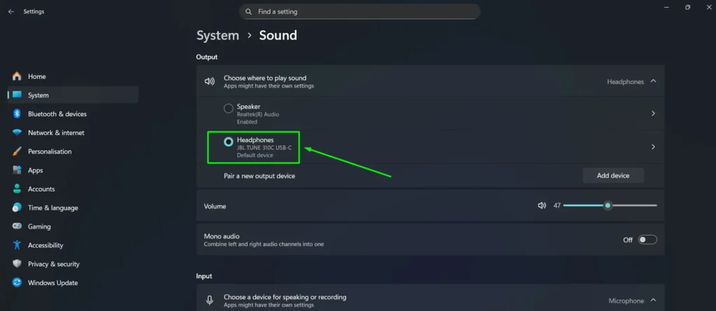 Find the active output device — such as Speakers or Headphones then click the device name to open its Properties page