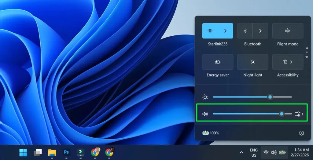 Find the volume slider near the bottom of the panel.
