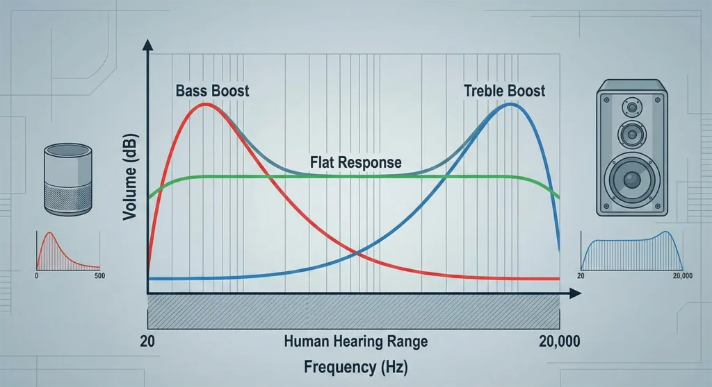 Frequency response indicates the range of sound frequencies a speaker can reproduce measured in Hertz (Hz)