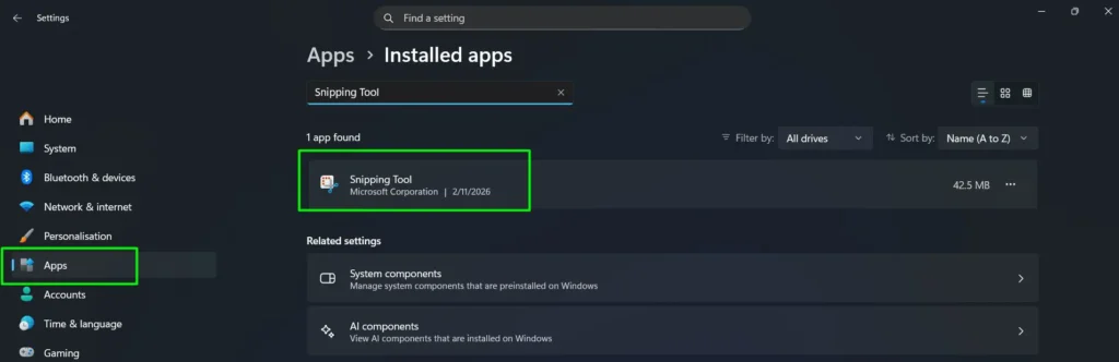 Go to Settings – Apps – Installed Apps, search for ‘Snipping Tool’, and make sure it is not disabled.