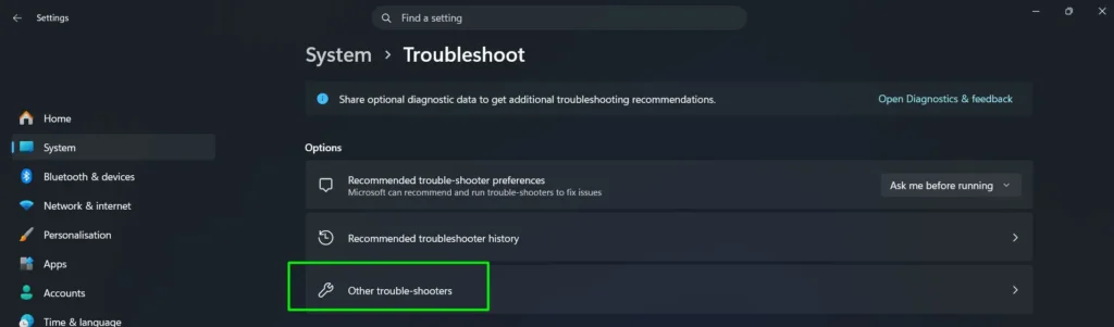 Go to System then Click Troubleshoot and Select Other troubleshooters