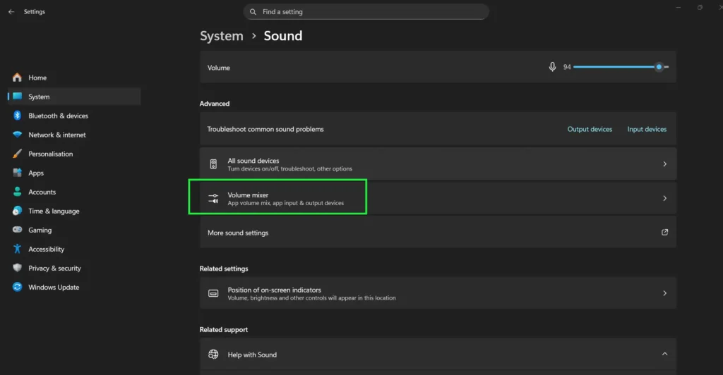 Go to System then Sound then Scroll down and click 'Volume mixer'