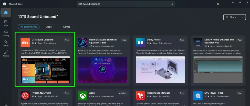 Go to the Microsoft Store and search for ‘DTS Sound Unbound’
