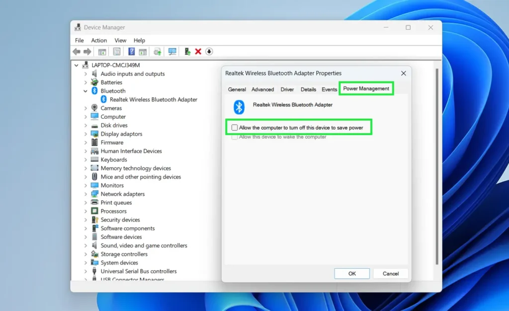 Go to the Power Management tab and Uncheck 'Allow the computer to turn off this device to save power'