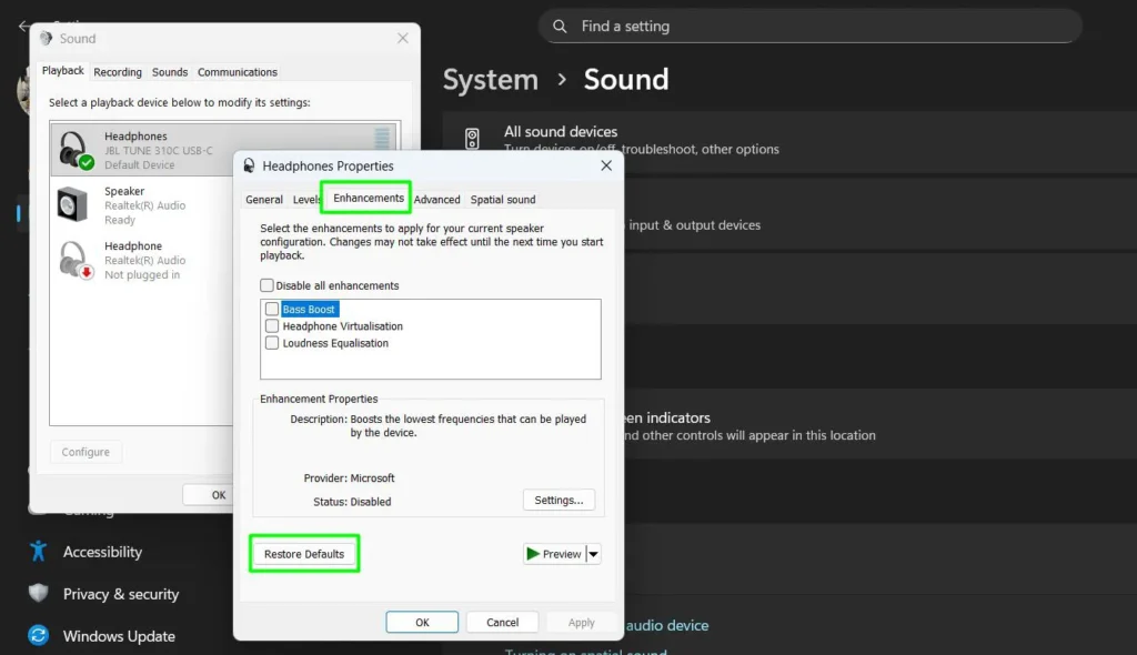 If an Enhancements tab is visible, click it and click Restore Defaults