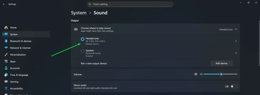 In Sound settings, click on your output device properties
