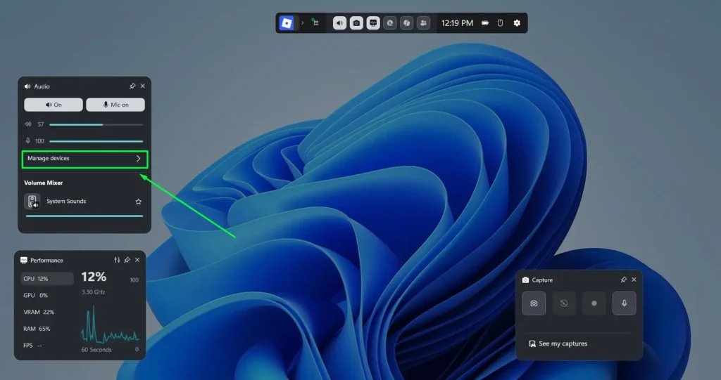 In the Audio widget, click ‘Manage devices’ and locate the ‘Output’ section