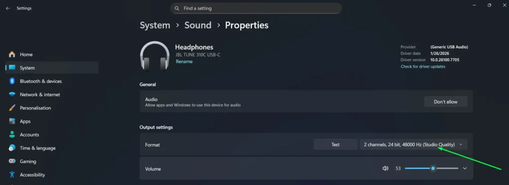 In the 'Format' section, Click the dropdown menu to select your preferred bit depth and sample rate
