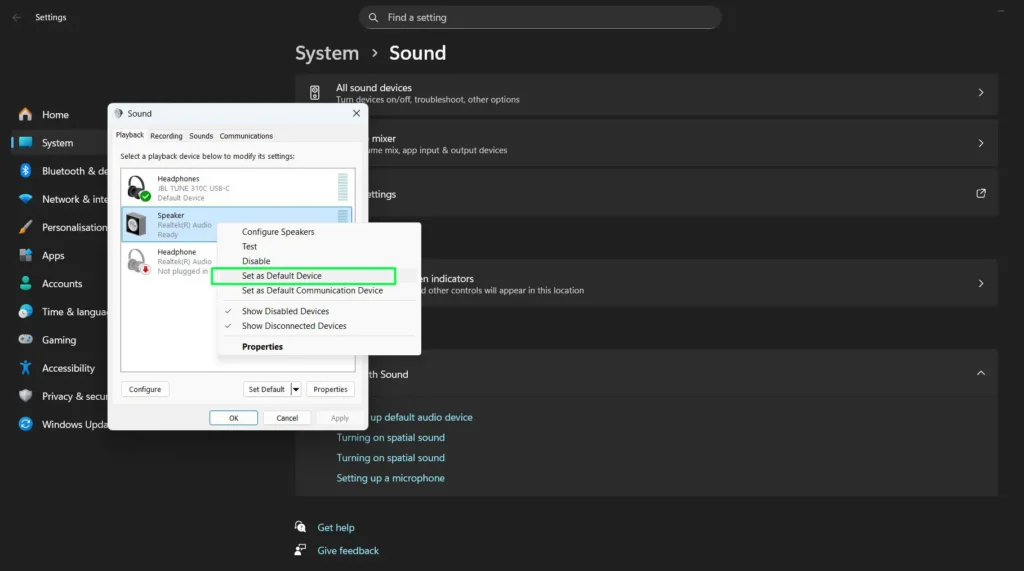 In the Playback tab, Right-click the device you want to use as your default and Click 'Set as Default Device'