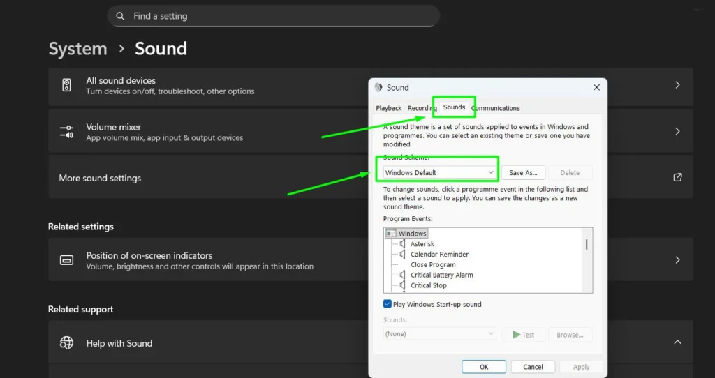 In the Sound window, click the Sounds tab, then select Windows Default from the Sound Scheme dropdown