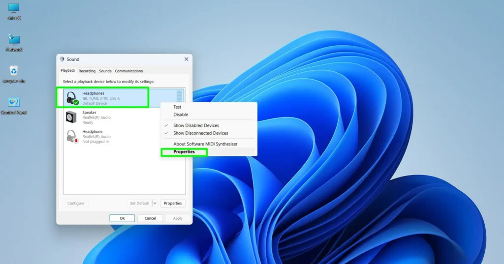 In the Sound window, under the ‘Playback’ tab, right-click the active audio device and select ‘Properties’.