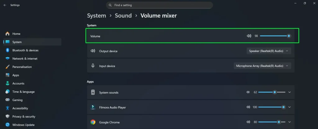 In the Volume Mixer, adjust the master output slider at the top to change the overall system volume