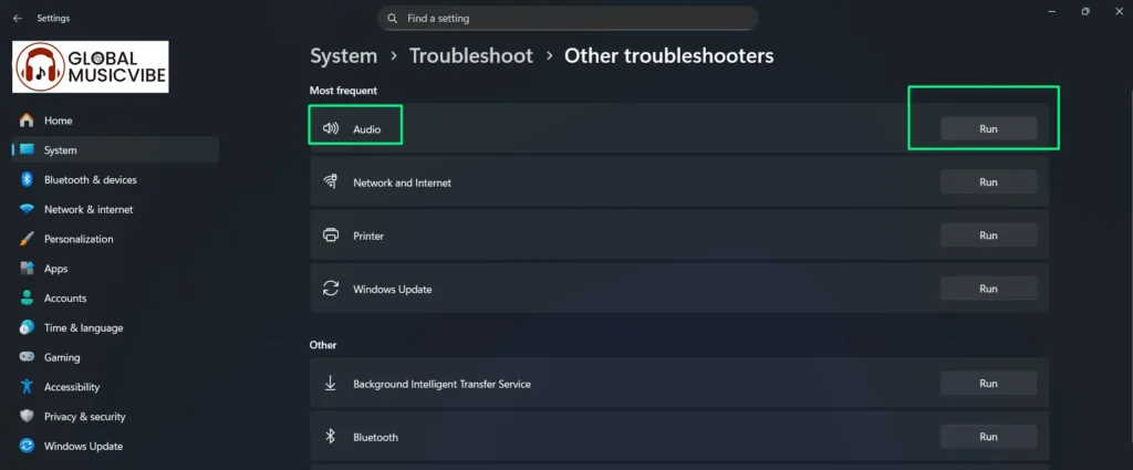 Locate 'Audio' and Click the 'Run'button