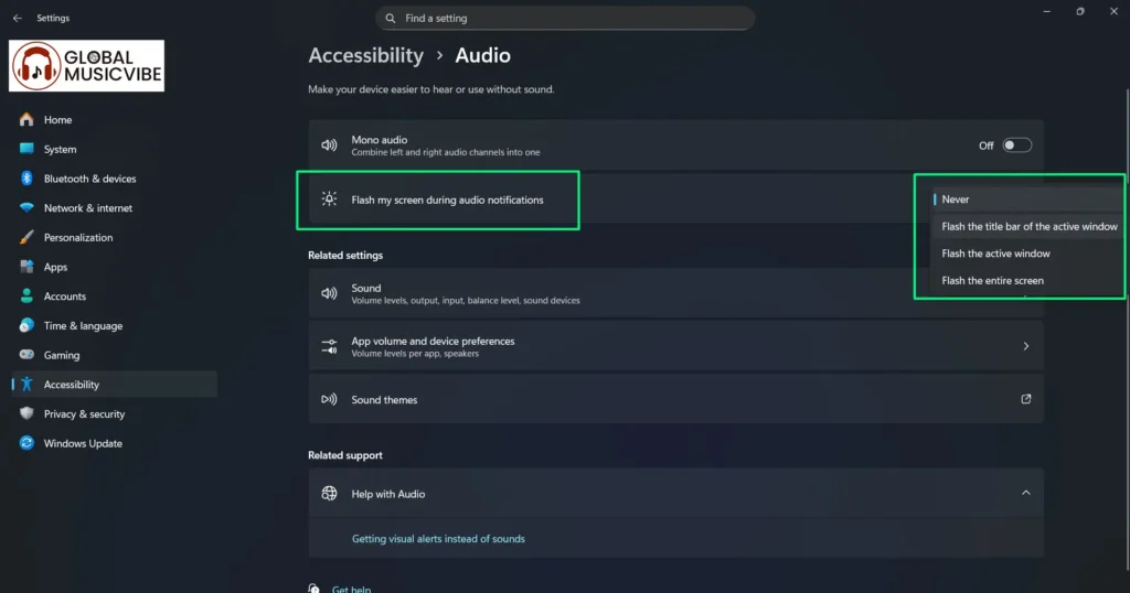 Locate the 'Flash my screen during audio notifications'