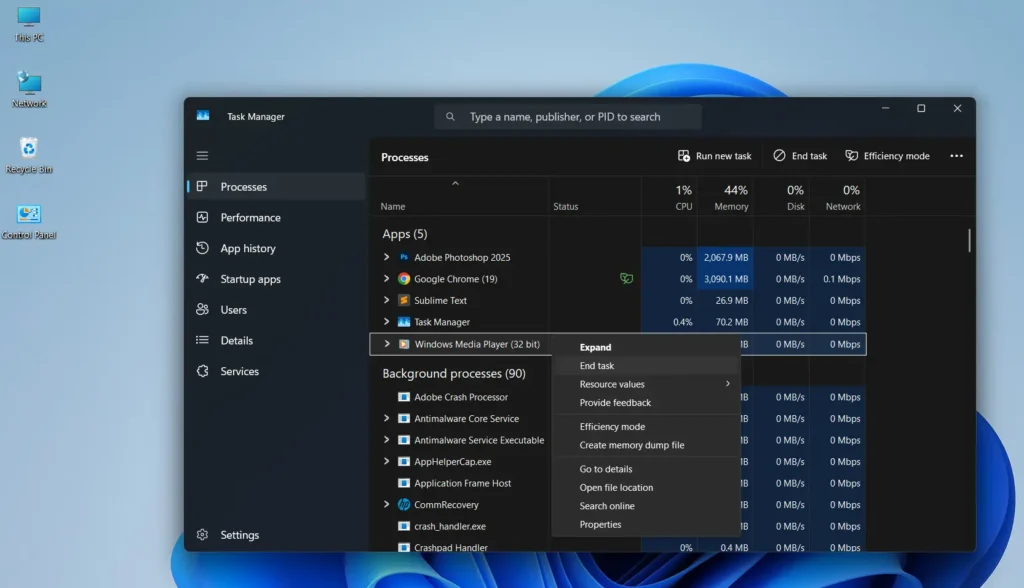 Look for any ‘Windows Media Player’ then Right-click it and select ‘End task