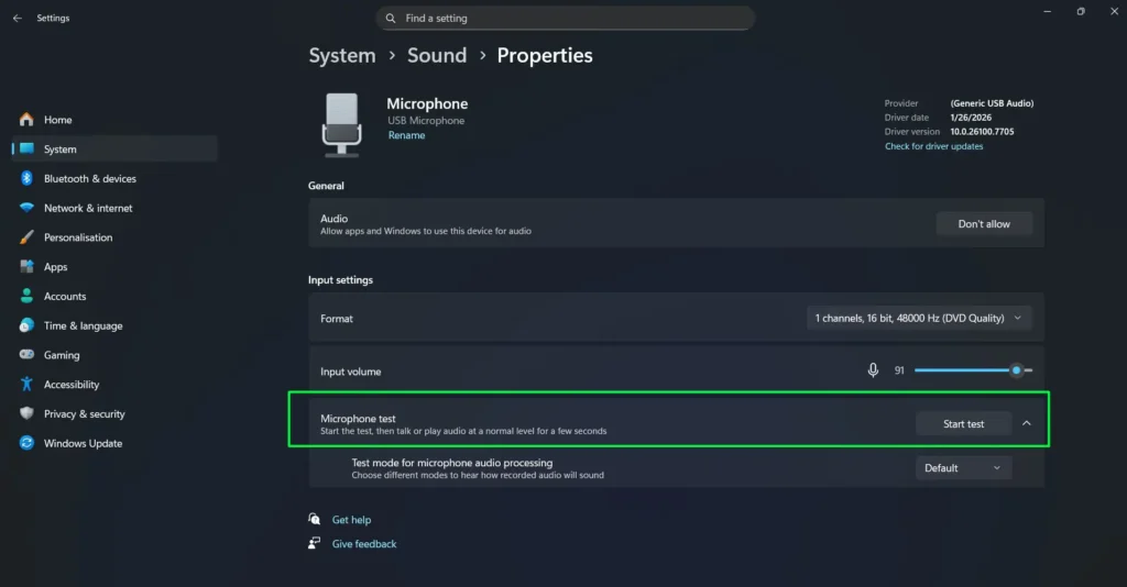 Look for the Microphone test section with the Start test button