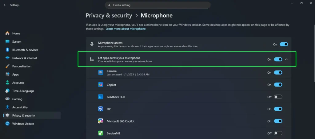 Make sure 'Let apps access your microphone' is toggled on