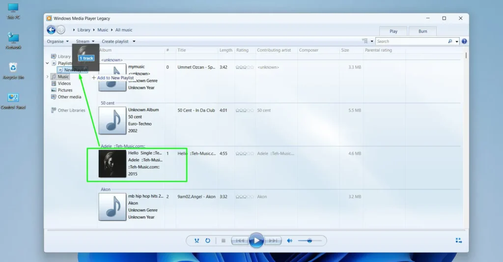 Navigate to Music then Select the songs and Drag the selected files directly onto the playlist