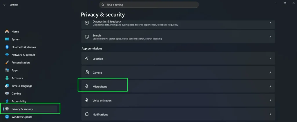 Navigate to Privacy & security and Select Microphone