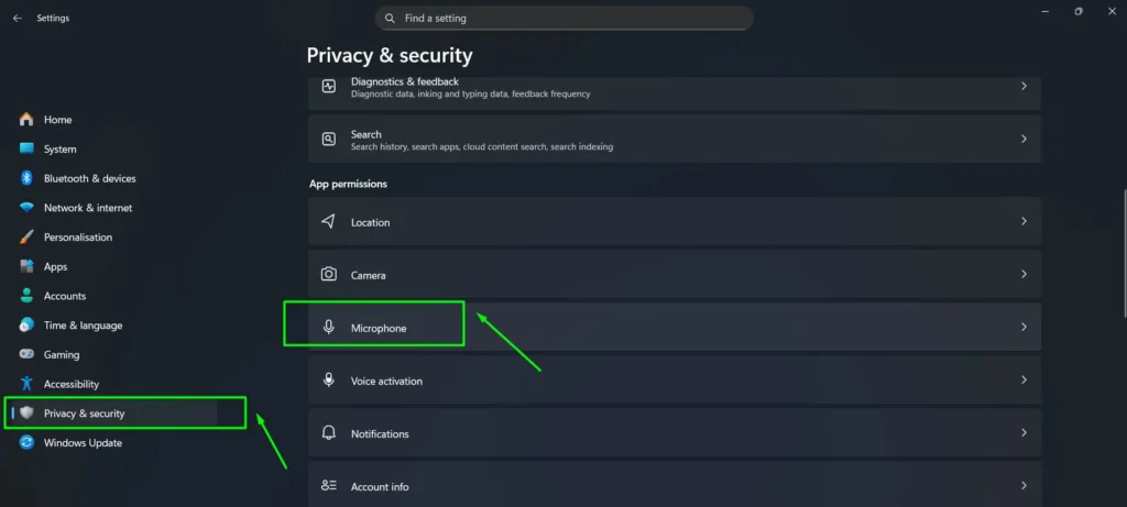 Navigate to Privacy & security on the left sidebar, then scroll down to Microphone under ‘App permissions’