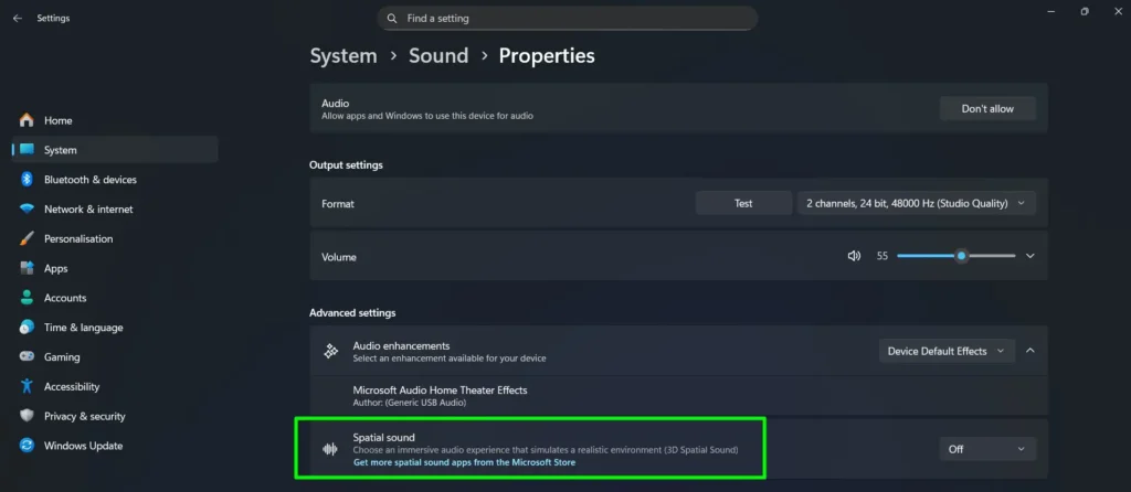 Navigate to the Spatial sound dropdown and choose ‘DTS X Ultra’, then apply the setting