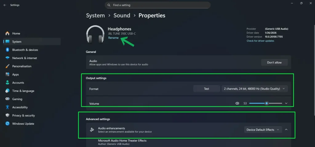 On selected device properties, you can rename the device, adjust format settings, and disable audio enhancements as needed