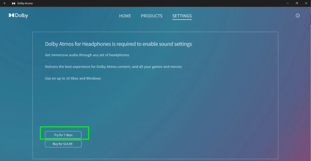 Open Dolby Access and navigate to the ‘Settings’ tab
